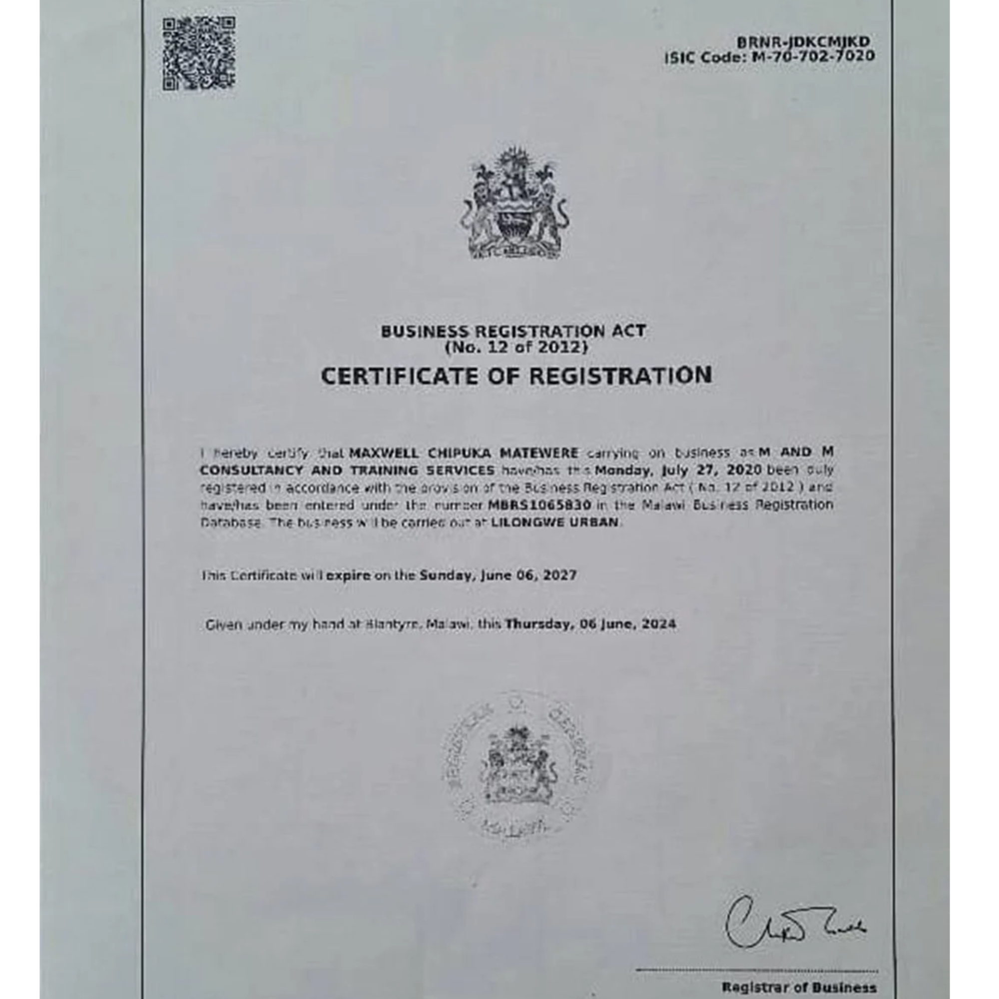 Professional certificate of M & M Consultancy & Training Institute